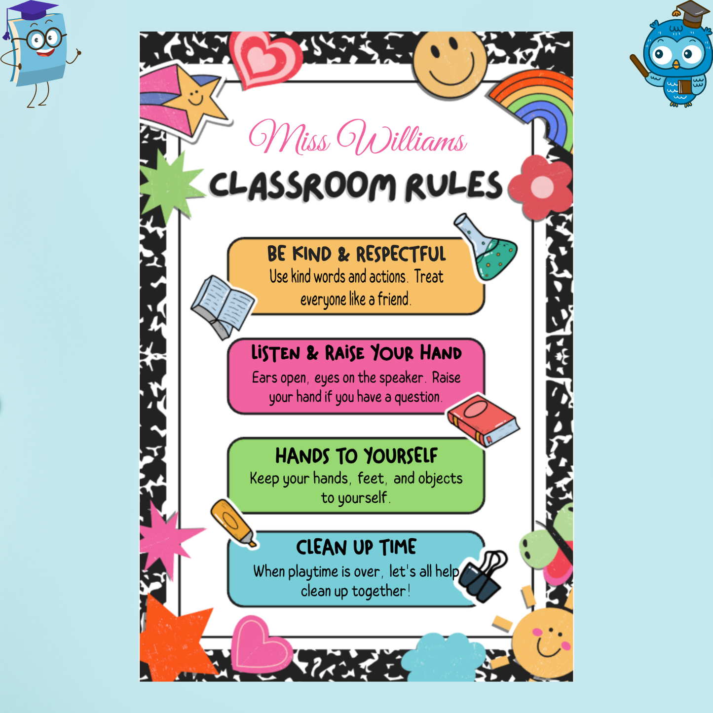 Playful Custom Classroom Rules Poster for Elementary School Teachers