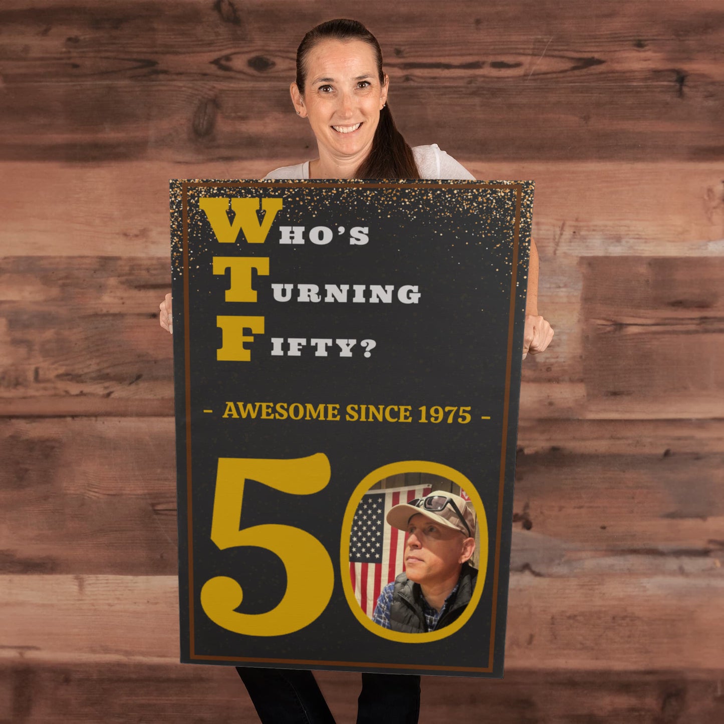WTF? Who’s Turning Forty/Fifty? Custom Birthday Canvas with your Photo and Birth Year