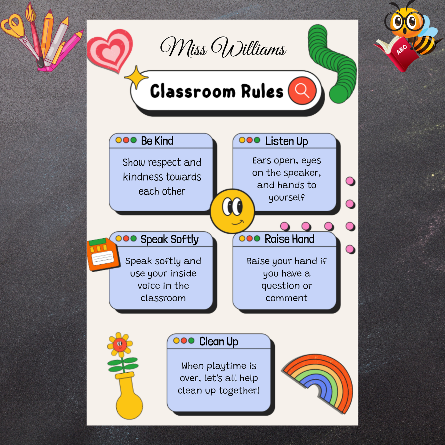 Playful Custom Classroom Rules Poster for Elementary School Teachers
