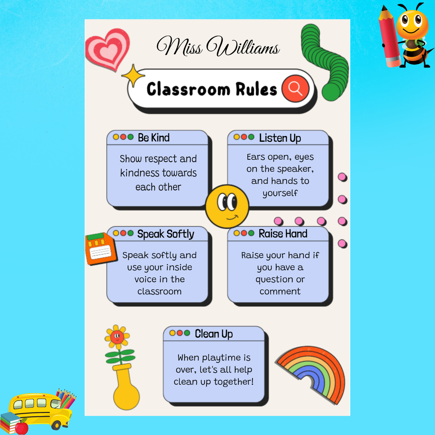 Playful Custom Classroom Rules Poster for Elementary School Teachers