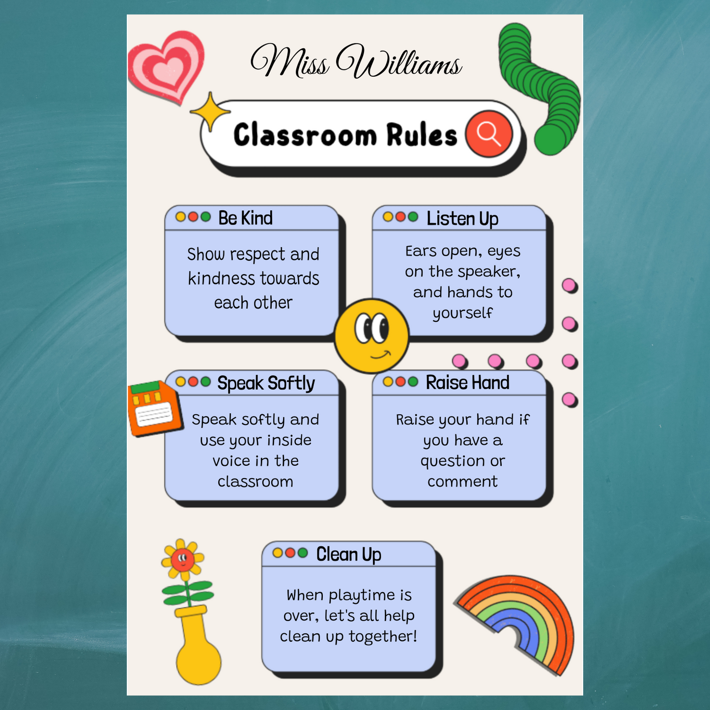 Playful Custom Classroom Rules Poster for Elementary School Teachers